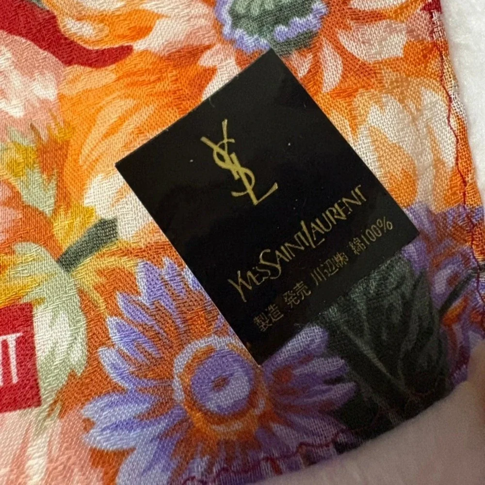 Vtg YVES SAINT LAURENT Scarf Handkerchief Floral Cotton Red Orange Yellow 19